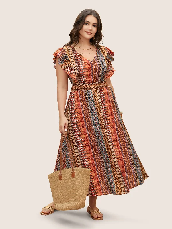 Chic plus size dresses for evenings drape perfectly -Bandana Striped Shirred Ruffle Cap Sleeve Dress