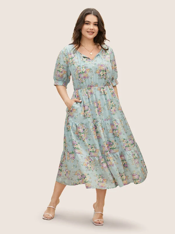 Plus size dresses featuring chevron prints are sharp -Floral Shirred Tie Knot Lantern Sleeve Dress