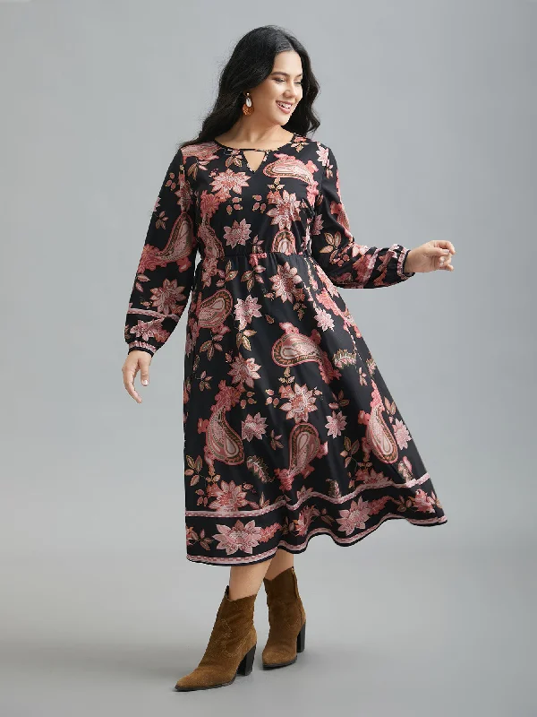 Plus size dresses with wrap fronts fit well -Floral Boho Print Neck Cut-Out Dress