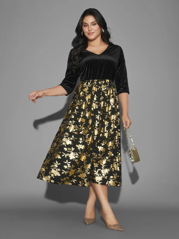 Plus size dresses with flowing skirts move freely -Glitter Floral Patchwork Velvet Midi Dress