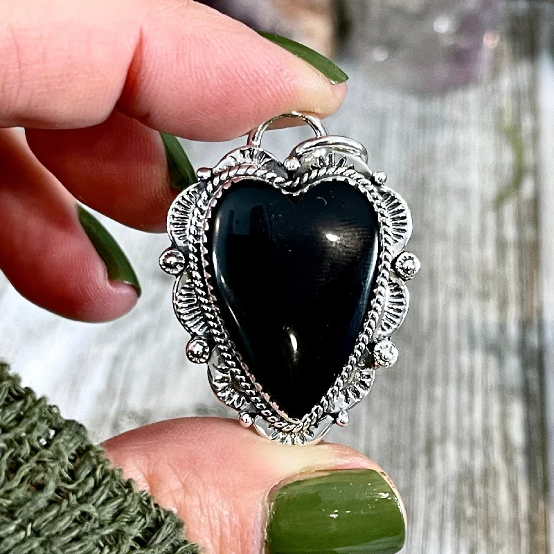 Beautiful necklaces and pendants with moon and star charms for a dreamy effect-Black Onyx Crystal Heart Necklace in Sterling Silver  -Designed by FOXLARK Collection / Witchy Necklace Goth Jewelry