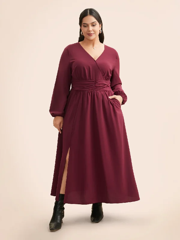 Chic plus size dresses for evenings drape perfectly -Overlap Collar Ruched Lantern Sleeve Maxi Dress