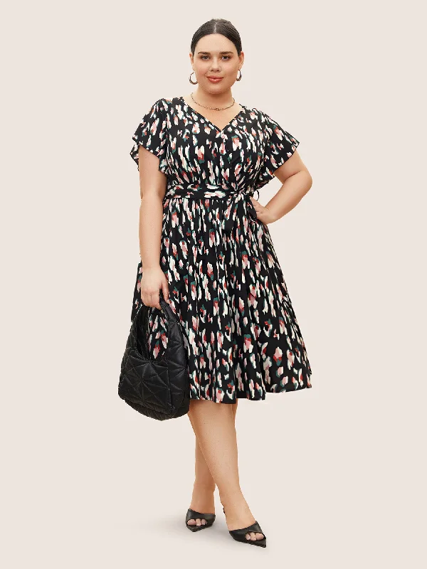 Plus size dresses featuring tie-dye patterns are quirky -Allover Print Surplice Neck Flutter Sleeve Dress