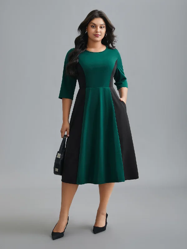 Plus size dresses for bold outfits match well -Crew Neck Color Contrast Patchwork Dress