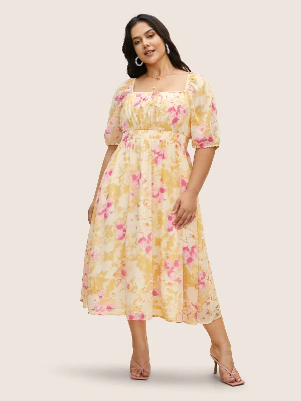 Plus size dresses featuring lace sleeves feel luxe -Watercolor Floral Cross Straps Gathered Dress