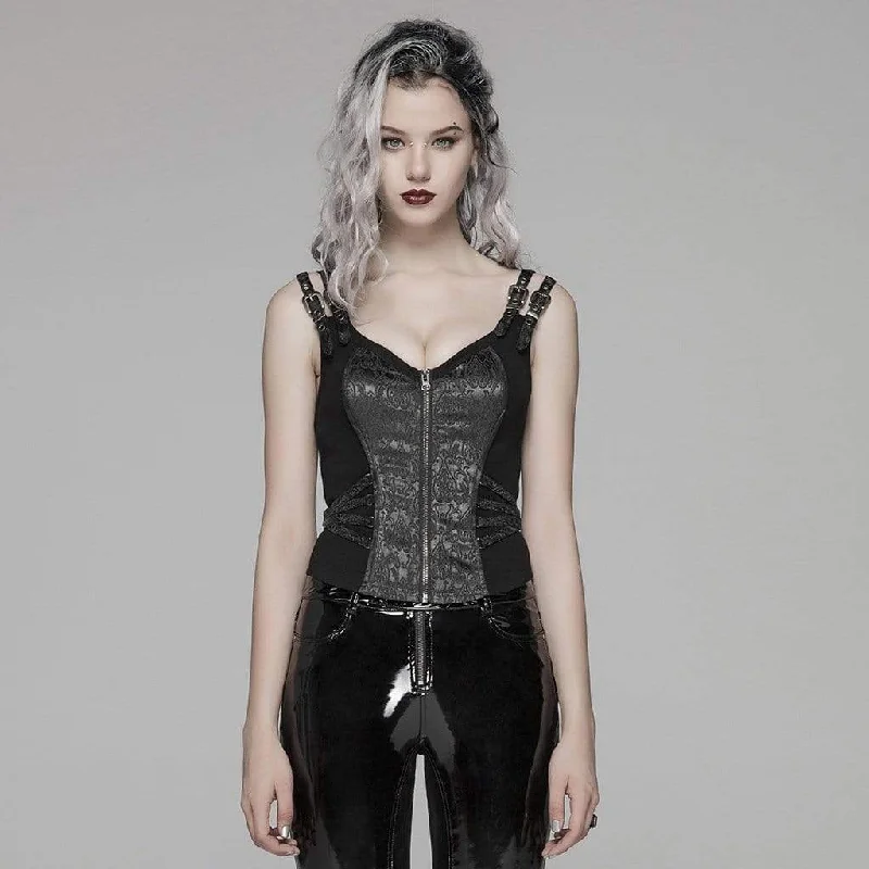 TV Show T-Shirts for Series Fans -Women's Goth Front Zipper Lacing Jacquard Vest