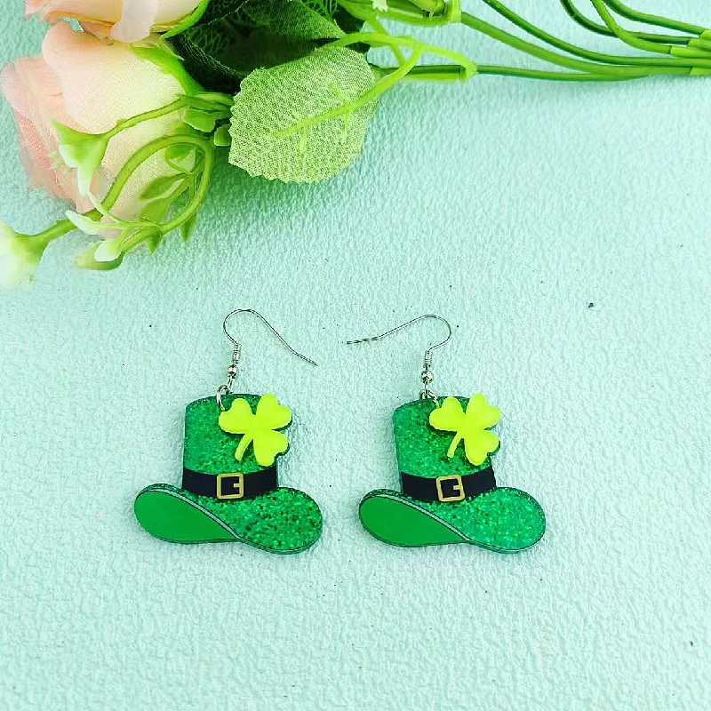 Ethnic Drop Earrings with Tribal Design -Wholesale St Patrick's Day earrings Carnival personalized all-match Green acrylic glitter four-leaf clover lucky grass earrings