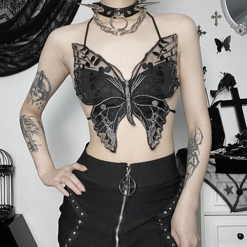 Game T-Shirts for Video Game Fans -Women's Gothic Strappy Butterfly Embroidered Bustier