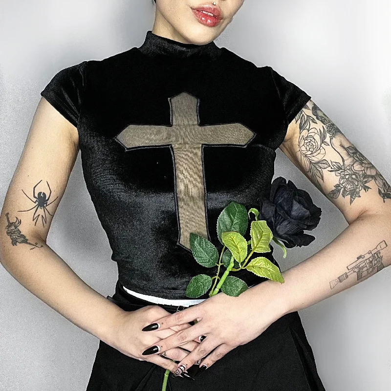 Patchwork T-Shirts for Unique Style -Women's Gothic Cross Mesh Splice Velvet Shirt