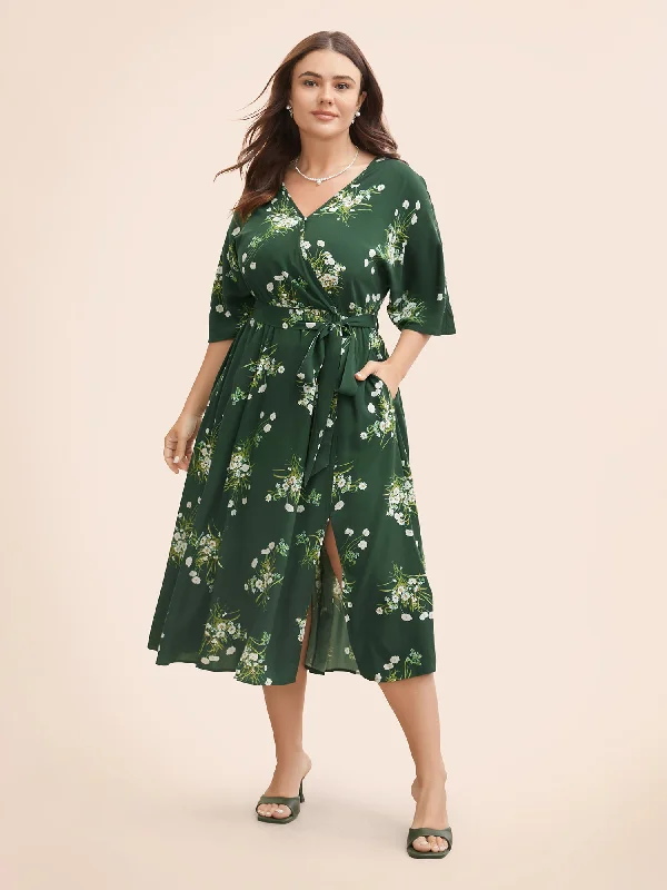 Plus size dresses with playful details add charm -Floral Overlap Collar Split Hem Dress