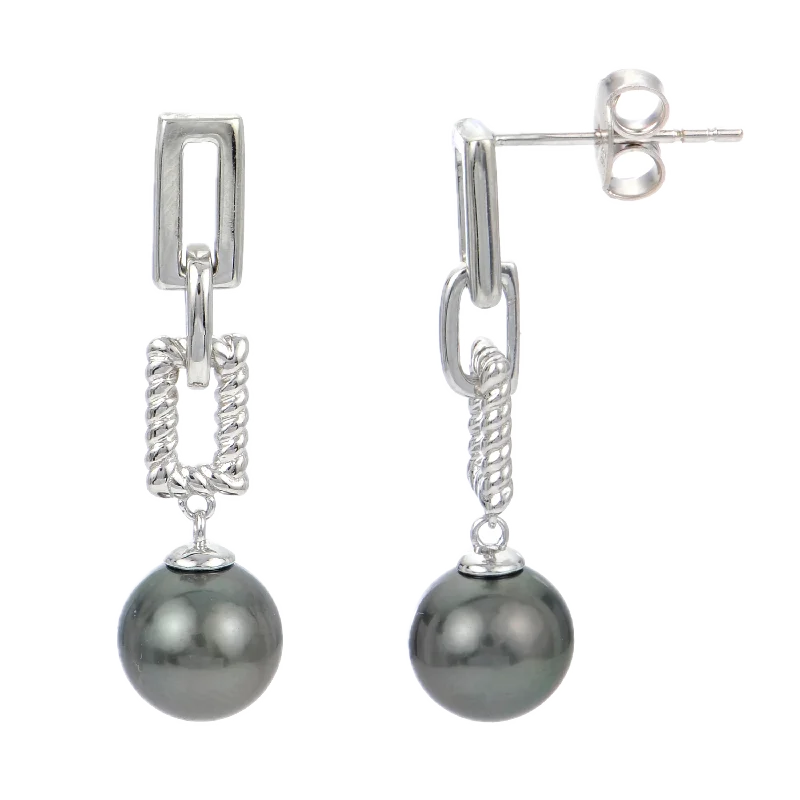 Drop Earrings with Vine Designs -Sterling Silver Tahitian Cultured Pearl Paperclip Rope Dangle Earrings