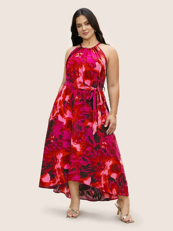 Plus size dresses featuring maxi lengths flow gracefully -Halter Watercolor Floral Belted Dress