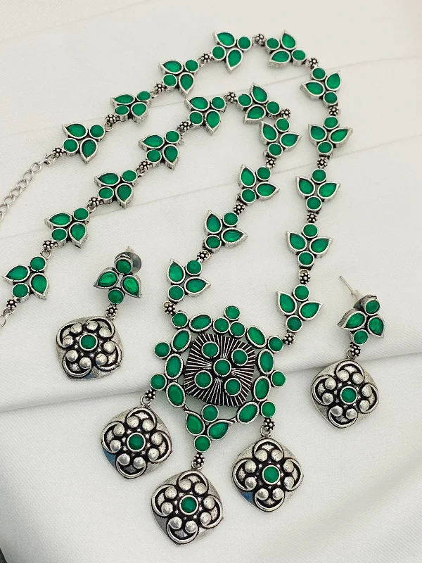 Best necklaces and pendants with cross pendants for a spiritual, meaningful symbol-Appealing Emerald Stone Beaded German Silver Plated Designer Oxidized Necklace Set With Matching Earrings