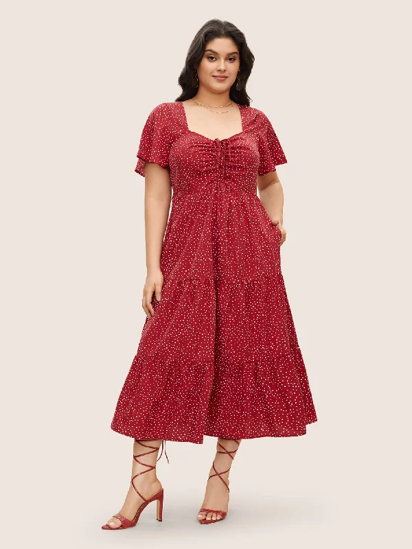 Plus size dresses with fit-and-flare shapes flatter -Polka Dot Drawstring Ruffle Tiered Ruched Pocket Midi Dress