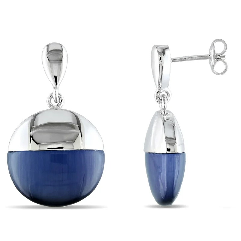 Drop Earrings for Christmas Party -Miadora Simulated Blue Cat Eye Domed Drop Earrings in Sterling Silver