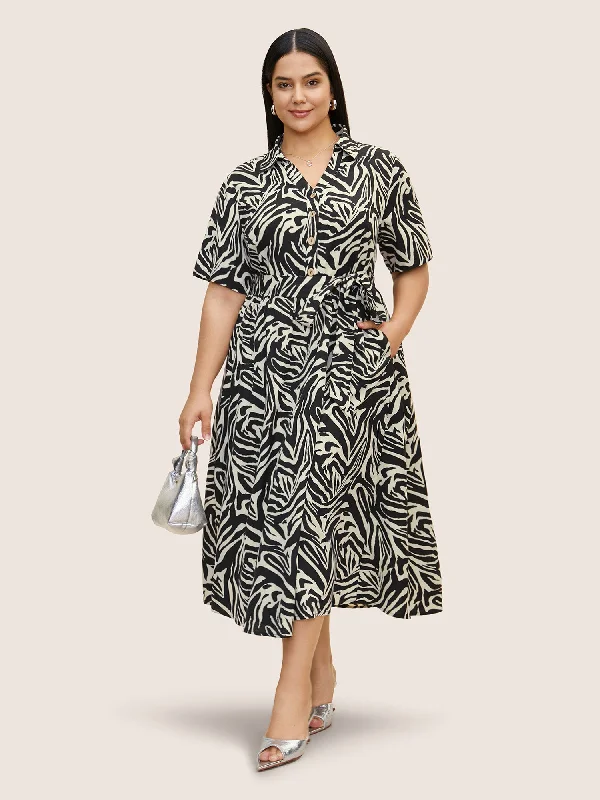 Plus size dresses with sleek fits elongate frames -Zebra Print Shirt Collar Belted Dress