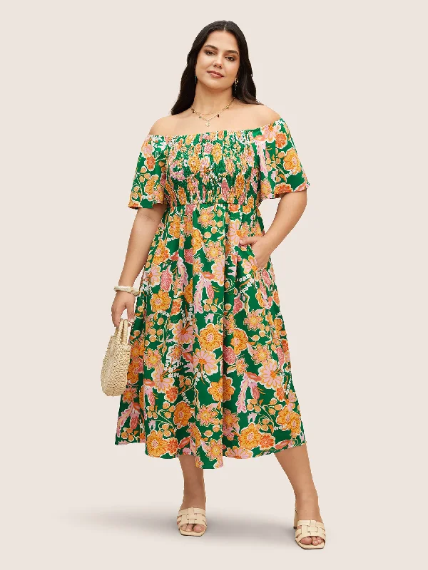 Plus size dresses for wet weather stay dry -Floral Shirred Off Shoulder Flutter Sleeve Dress