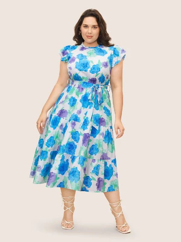 Plus size dresses with stretchy knits hug curves -Floral Gathered Ruffle Cap Sleeve Belted Dress