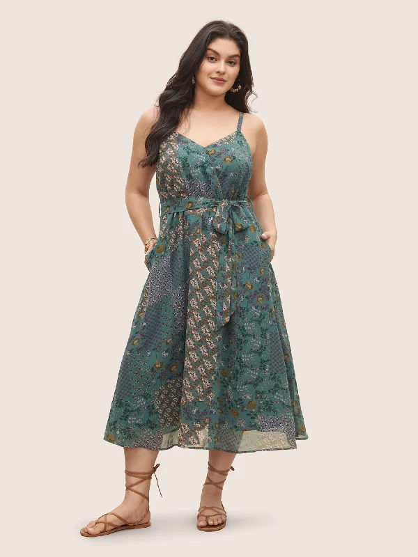 Chic plus size dresses for evenings drape perfectly -Chiffon Boho Print Wrap Belted Cami Dress