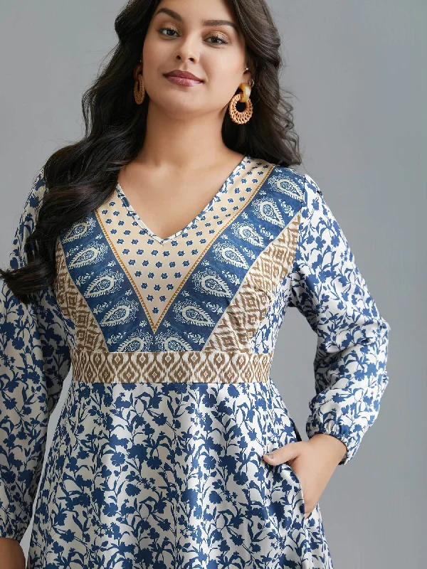 Plus size dresses with unique necklines add flair -Boho Print V-Neck Waist Cinched Midi Dress