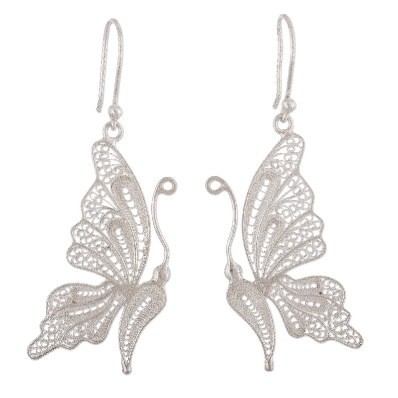 Drop Earrings for Bridesmaids Look -Novica Handmade White Butterfly Silver Filigree Earrings