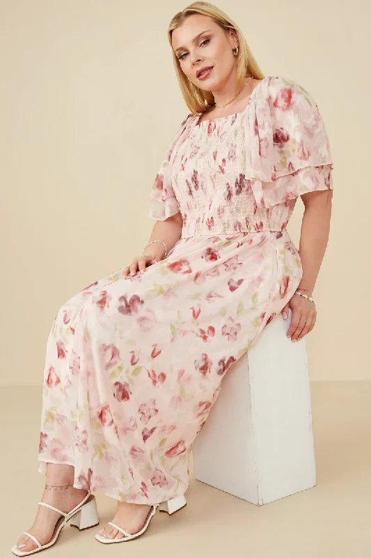 Plus size dresses with floral appliques feel sweet -Soft Floral Print Layered Sleeve Smocked Dress