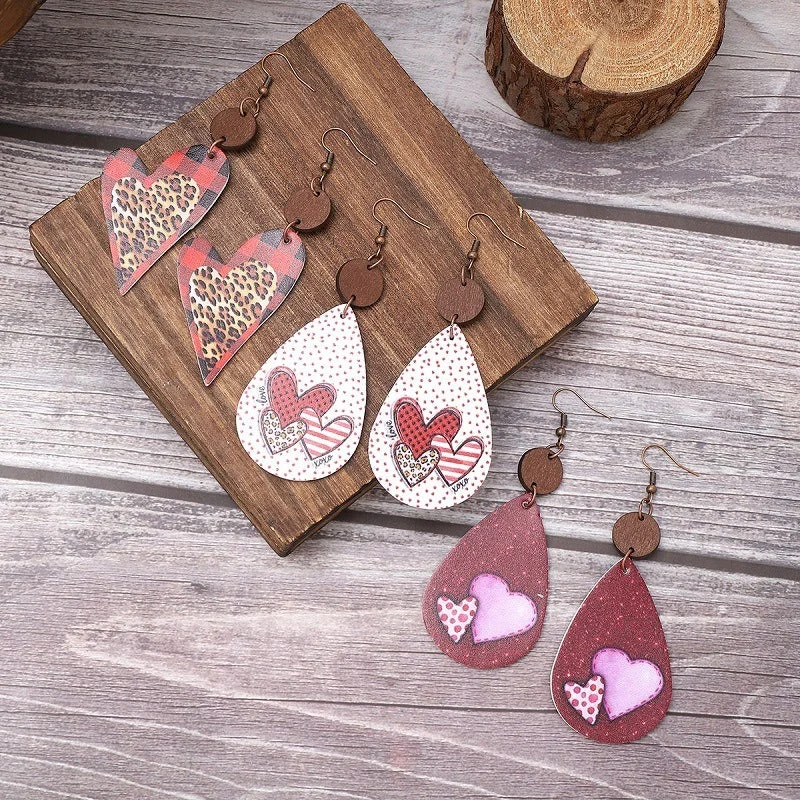 Geometric Drop Earrings for Trend -Wholesale Multiple Heart Pattern Valentine's Day Leopard Print Leather Earrings