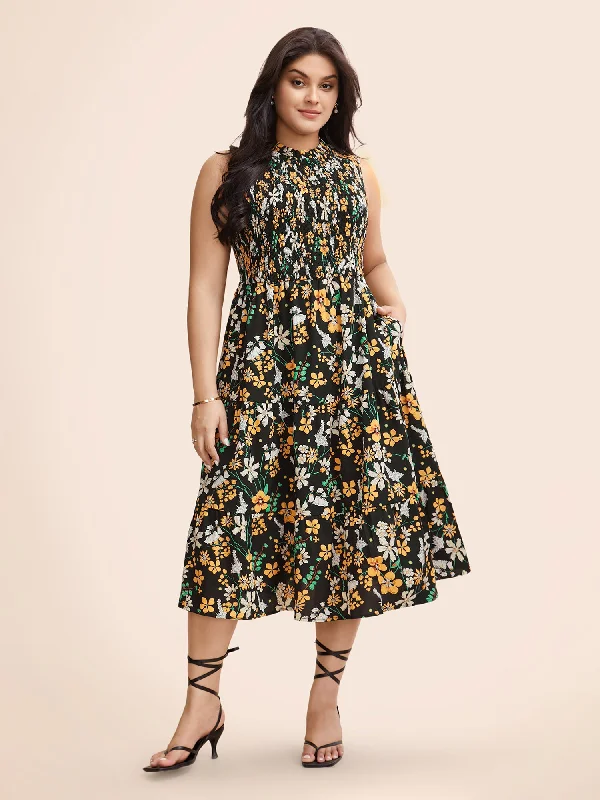 Plus size dresses for outdoor parties stay fun -Floral Shirred Mock Neck Cut Out Pocket Ruffle Hem Dress