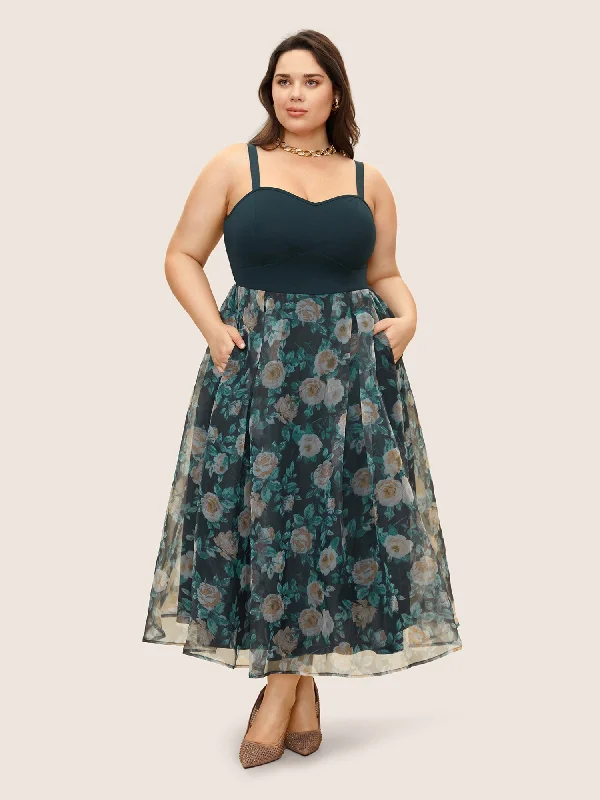 Plus size dresses for spring bloom with grace -Figurative Print Patchwork Mesh Cami Dress