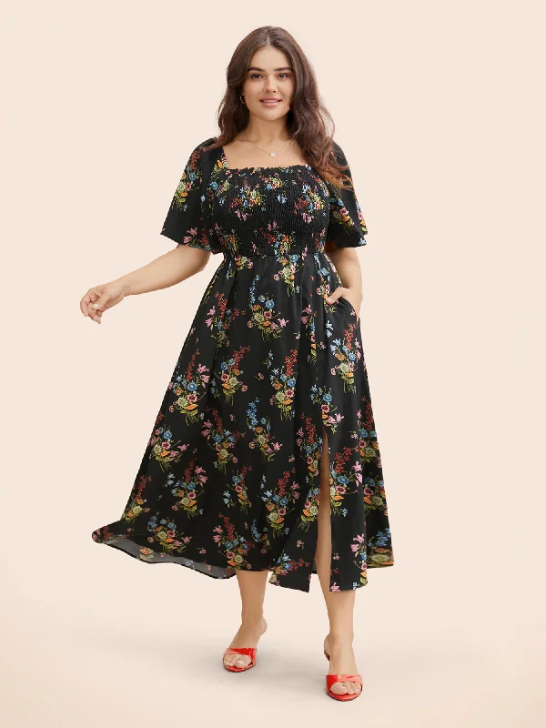 Plus size dresses with high waists define curves -Ditsy Floral Shirred Split Hem Dress