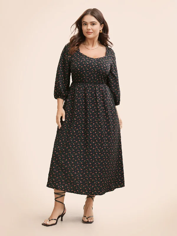 Plus size dresses with soft textures feel cozy -Ditsy Floral Heart Neckline Lantern Sleeve Dress