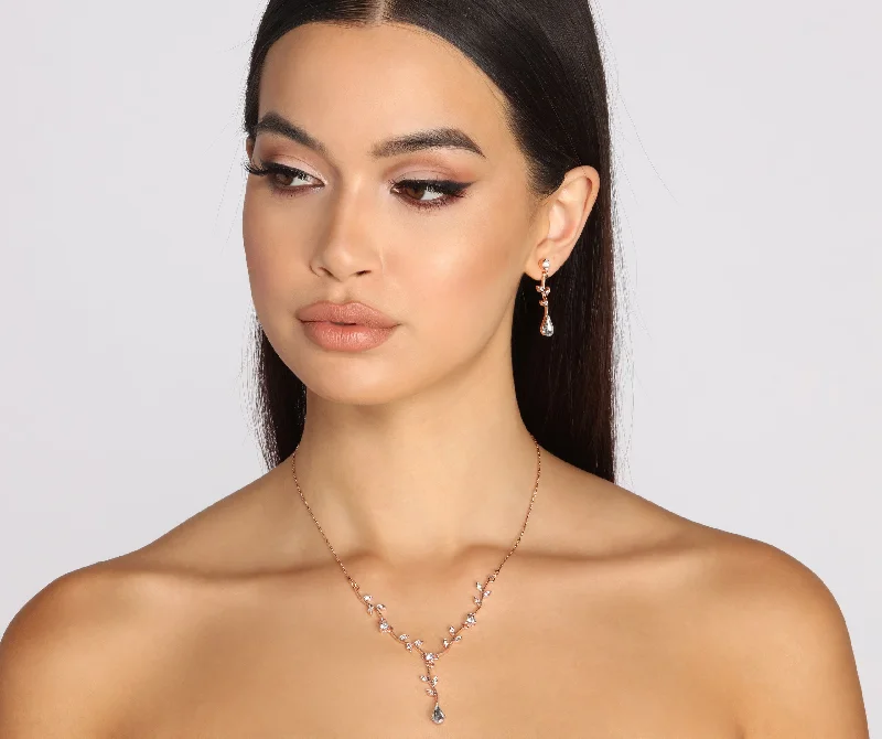 Stunning necklaces and pendants with birthstone pendants for a personal touch-Romantic Moments Dainty Leaf Lariat Necklace + Earring Set