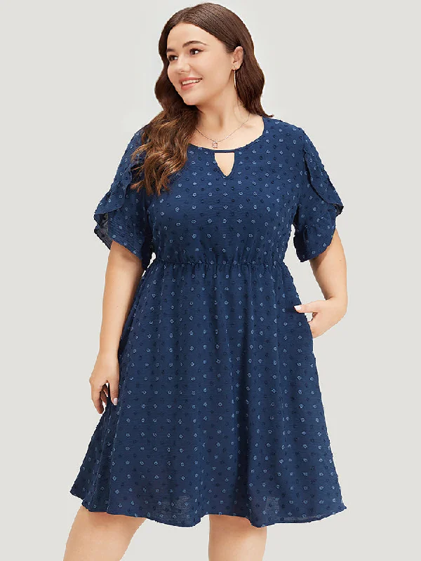 Plus size dresses with wide belts define waists -Polka Dot Pocket Cut Out Petal Sleeve Dress