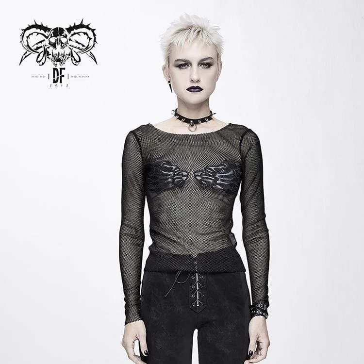 Painted T-Shirts for Artistic Touch -Women's Goth Skull Sheer Mesh Tops