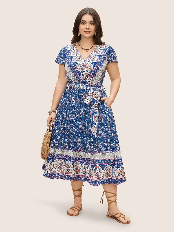 Plus size dresses with cap sleeves feel dainty -Boho Print Surplice Neck Belted Dress