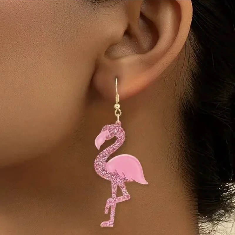 Nickel Free Drop Earrings for Safety -Wholesale glitter acrylic pink Valentine's Day fun cute Flamingo earrings