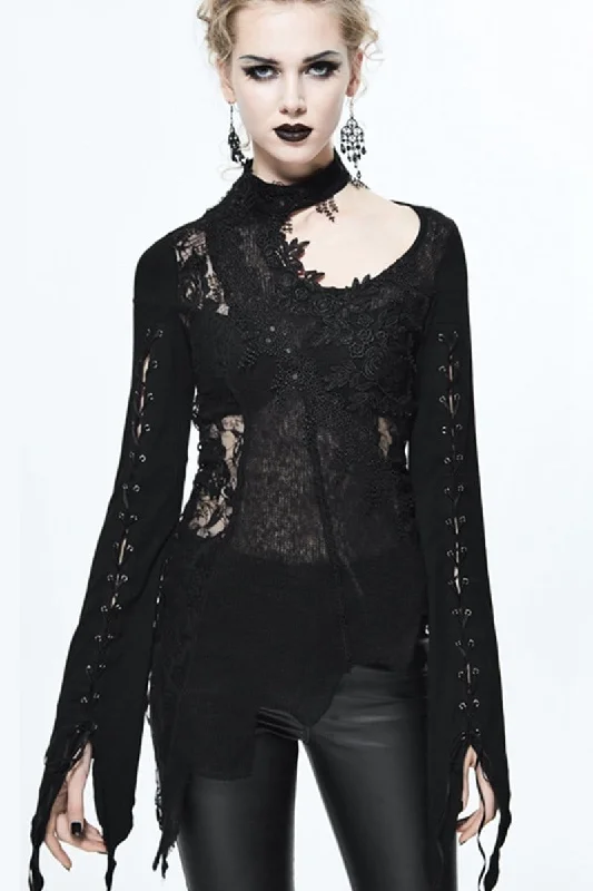 Modern T-Shirts for Trendy Fashion -Women's Asymmetric Lace Trimmed Goth Top