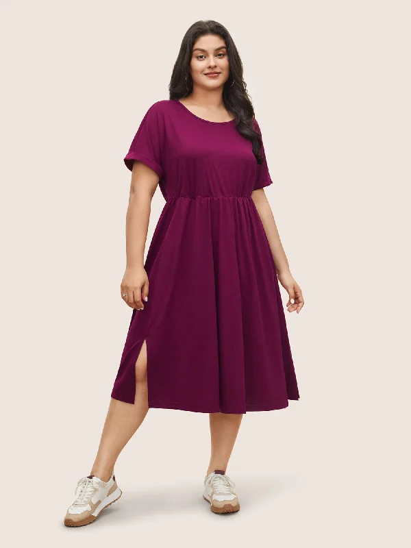 Plus size dresses with sturdy zippers stay secure -Supersoft Essentials Solid Pocket Cuffed Sleeve Dress