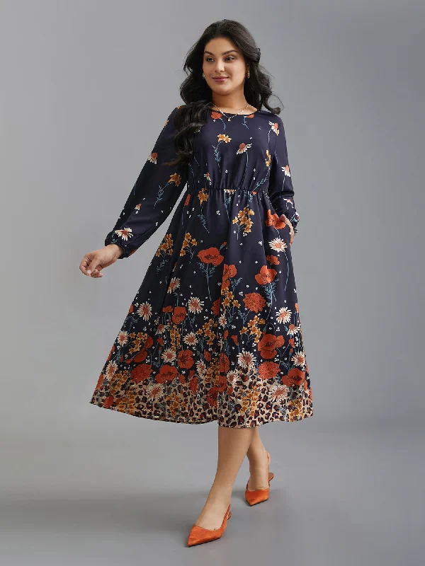 Plus size dresses with floral appliques feel sweet -Floral Boho Print Lantern Sleeve Dress