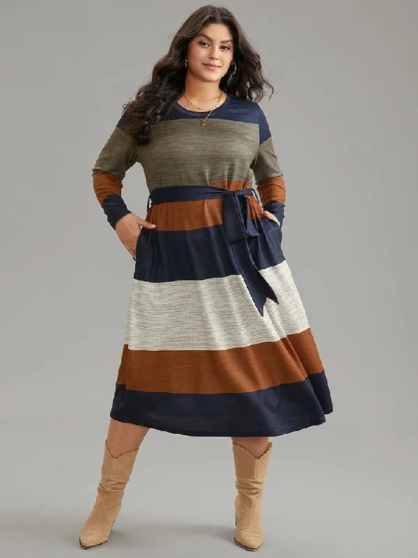 Plus size dresses with bright hues feel lively -Colorblock Contrast Heather Belted Dress