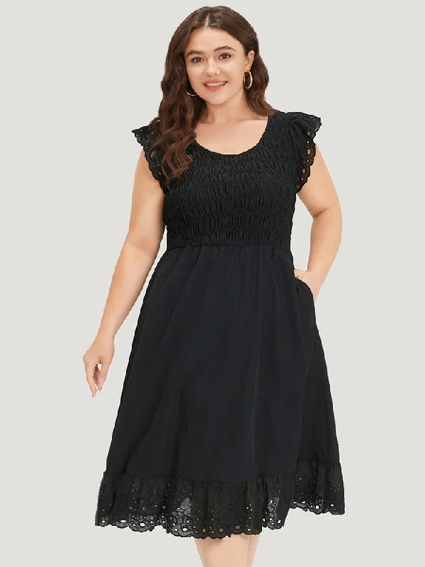 Plus size dresses featuring wrap styles are versatile -Crochet Lace Mesh Shirred Elastic Waist Ruffle Cap Sleeve Dress