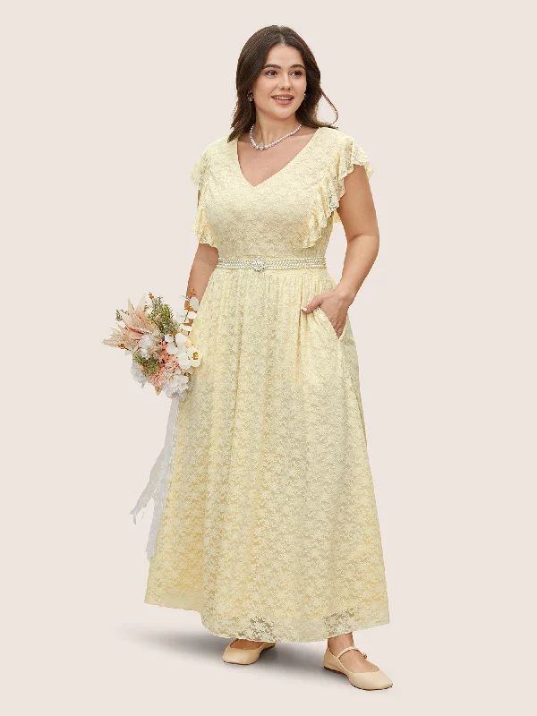 Plus size dresses for long days support fully -Guipure Lace Ruffle Trim Side Seam Pocket Dress