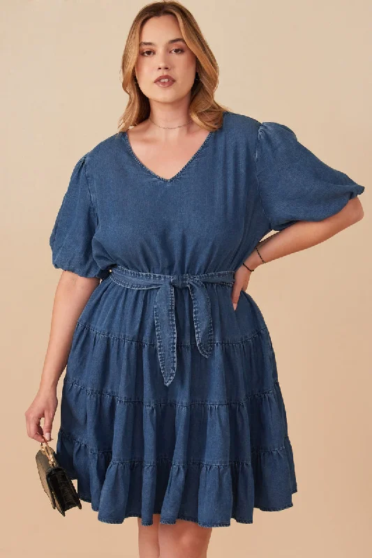 Plus size dresses with unique patterns catch eyes -Denim Washed Belted V Neck Dress