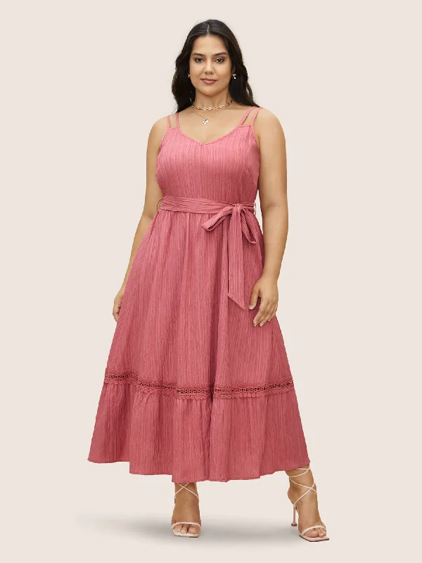 Plus size dresses featuring velvet textures feel plush -Plain Texture Woven Ribbon Belted Dress