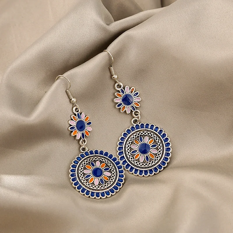 Animal Print Drop Earrings for Fun -Wholesale Exaggerated Retro Bohemian Alloy Oil Dropping Round Sunflower Retro Ethnic Style Earrings