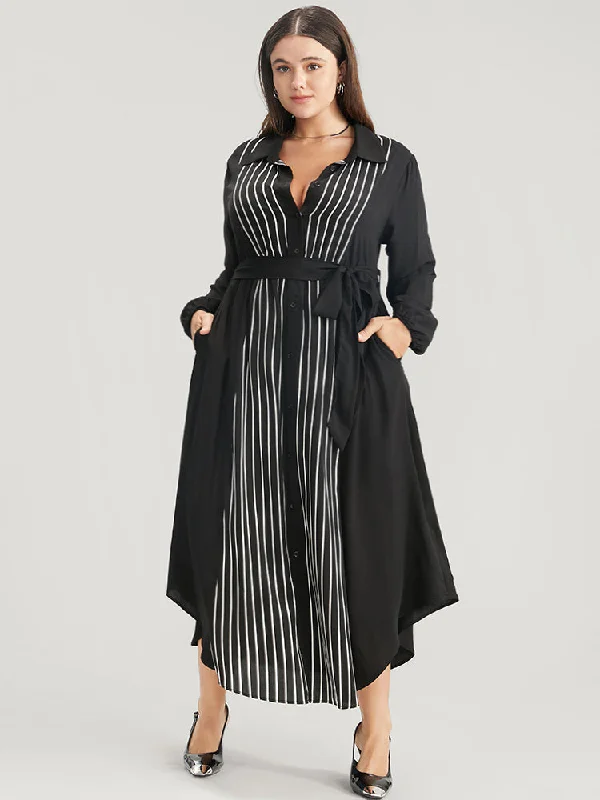 Plus size dresses for summer nights shimmer lightly -Striped Contrast Pocket Button Detail Belted Dress