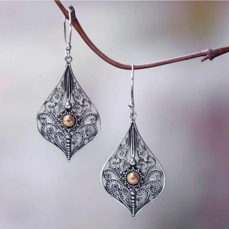 Drop Earrings with Floral Motifs -Wholesale Bohemian Retro Style Teardrop-shaped Hollow Pattern Inlaid Gem Alloy Earrings