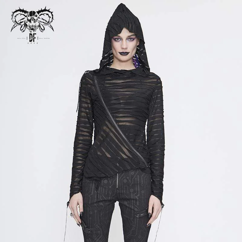 Running T-Shirts for Exercise -Women's Gothic Asymmetrical Sheer Long Sleeved Tops with Hood