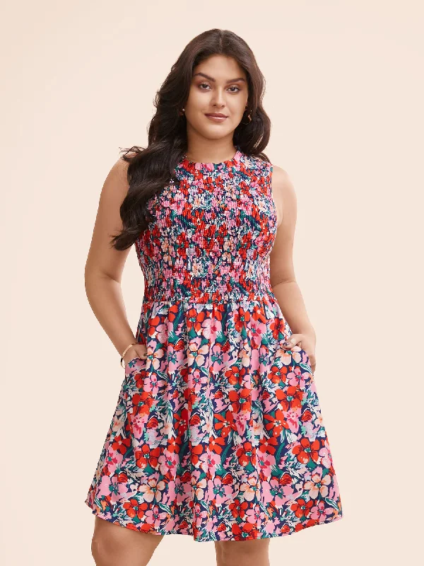 Plus size dresses with breathable layers stay airy -Floral Shirred Frill Trim Tank Dress