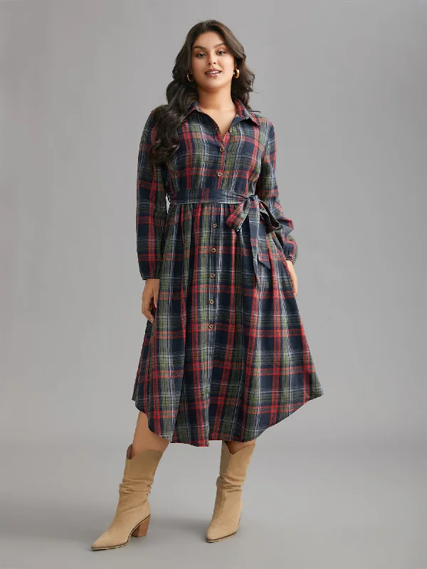 Plus size dresses featuring animal prints feel wild -Plaid Button Detail Pocket Belted Arc Hem Dress